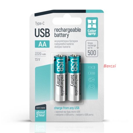 COLORWAY AA újratölhető elem, USB-C 2200 mAh 1.5B (Li-Polymer) (2pc.) (CW-UBAA-10)