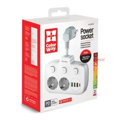  COLORWAY Hálózati elosztó, CW-CHE24PDW, 2 dugalj, 3xUSB-A, 1xUSB-C 2m, fekete