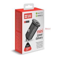   COLORWAY Autós töltő, CW-CHA028PD-GR, 1USB (Power Delivery Port USB Type-C (20W) szürke