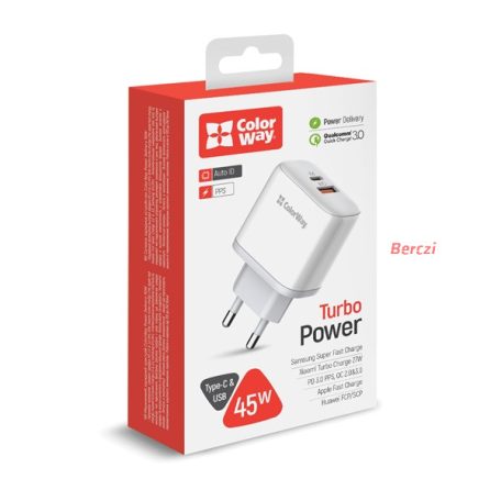 COLORWAY USB töltő adapter, Power Delivery Port PPS USB (Type-C PD + USB QC3.0) (45W) white (CW-CHS042PD-WT)