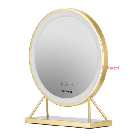 HUMANAS HM04 kerek álló smiktükör, 40 cm átmérő, LED, integrált érintő gombok, 3 színhőmérséklet, arany
