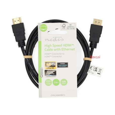 Nedis CVGL34060BK150 ultra HD HDMI kábel, HDMI dugó - dugó, 4K@60Hz, ARC, 18 Gbps, aranyozott csatlakozók, hossz 15m