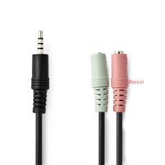   Nedis sztereó audio kábel, CAGP22150BK02, 3,5 mm-es dugó 2x 3,5 mm-es anya Nikkelezett 0,20 m Kerek Fekete Boríték