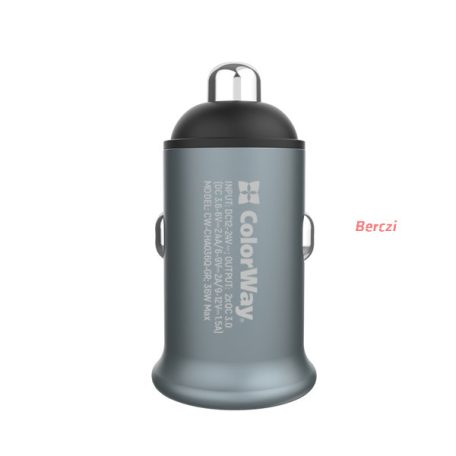 COLORWAY Autós töltő, CW-CHA036Q-GR 2USB Quick Charge 3.0 (36W) szürke