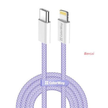 COLORWAY Kábel Type-C CW-CBPDCL061-PU, Apple Lightning, fonott pamut, PD 27W, 1M lila