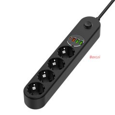   COLORWAY Hálózati elosztó, CW-CHE44PDB, 4 tápcsatlakozó/4USB (C típusú PD20W + 3USB QC3.0) (45W) Fekete 2M