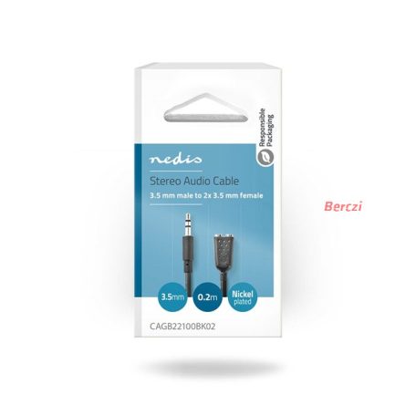 Nedis CAGB22100BK02 sztereo audio kábel, 3,5 mm sztereo jack dugó - 2x 3,5 mm jack aljzat, 0,20m