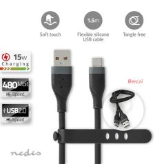   Nedis CCGB60800BK15 flexibilis USB A - USB C (USB-C) kábel, USB2.0, 15W, hossz 1,5m, fekete rugalmas szilikon