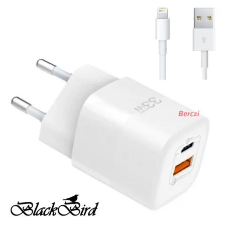 BLACKBIRD Hálózati Adapter ZCD-015B-AC GAN 33W + USB/Lightning kábel 1m, Fehér
