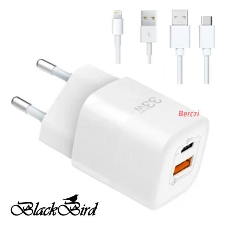 BLACKBIRD Hálózati Adapter ZCD-015B-AC GAN 33W + USB/Lightning kábel 1m + USB/Type-C kábel 1m, Fehér